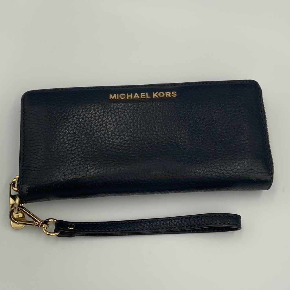 Michael Kors Navy Leather Wristlet Wallet with Gold Accents